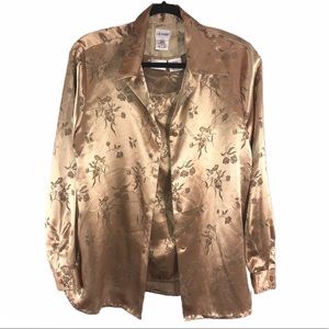 Vintage 2 Piece Gold Satin Floral Button Up Blouse & Matching Tank Top Size L